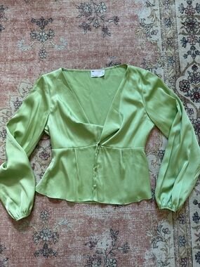 ASOS Light Green Satin V-Neck Peplum Blouse